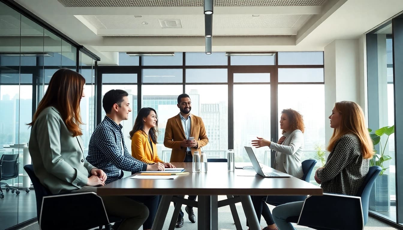 Engaging strategy discussion in a modern Unternehmensberatung office, showcasing teamwork and professionalism.