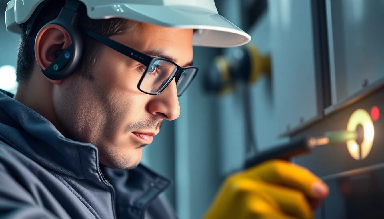 Technician performing Prüfung ortsveränderlicher elektrischer Betriebsmittel with precision during a compliance check.