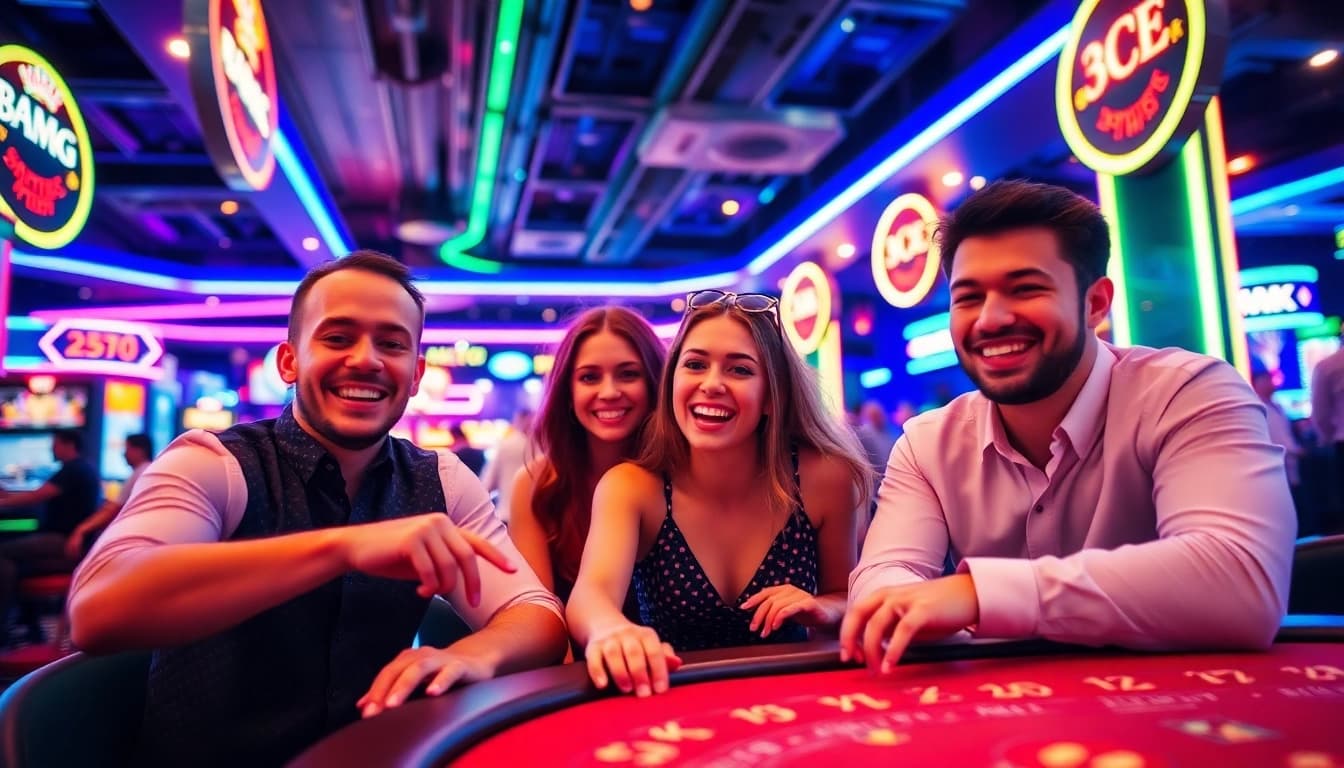 Win big with Casino Bonus offers, featuring players enjoying vibrant casino atmosphere.