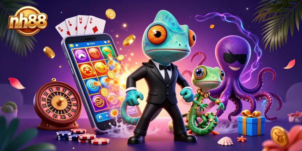 nh88 showcases vibrant casino elements with dynamic characters, perfect for an exciting gambling experience.