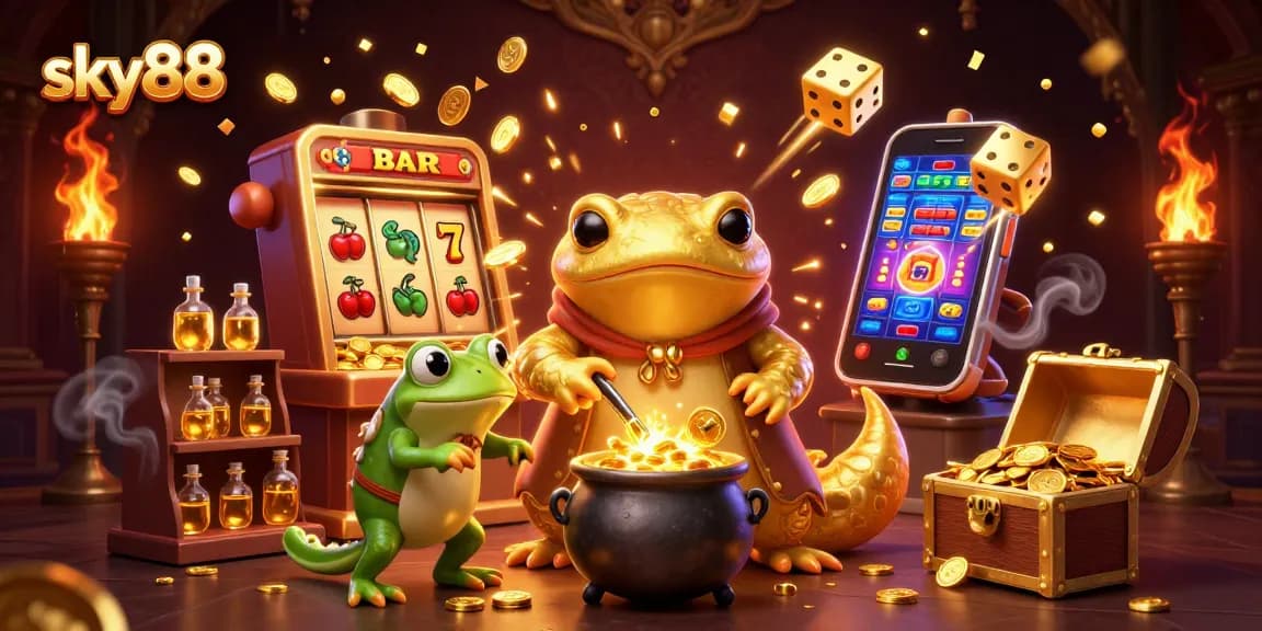 Sky88's giant salamander alchemist creates gold in a bustling casino scene.