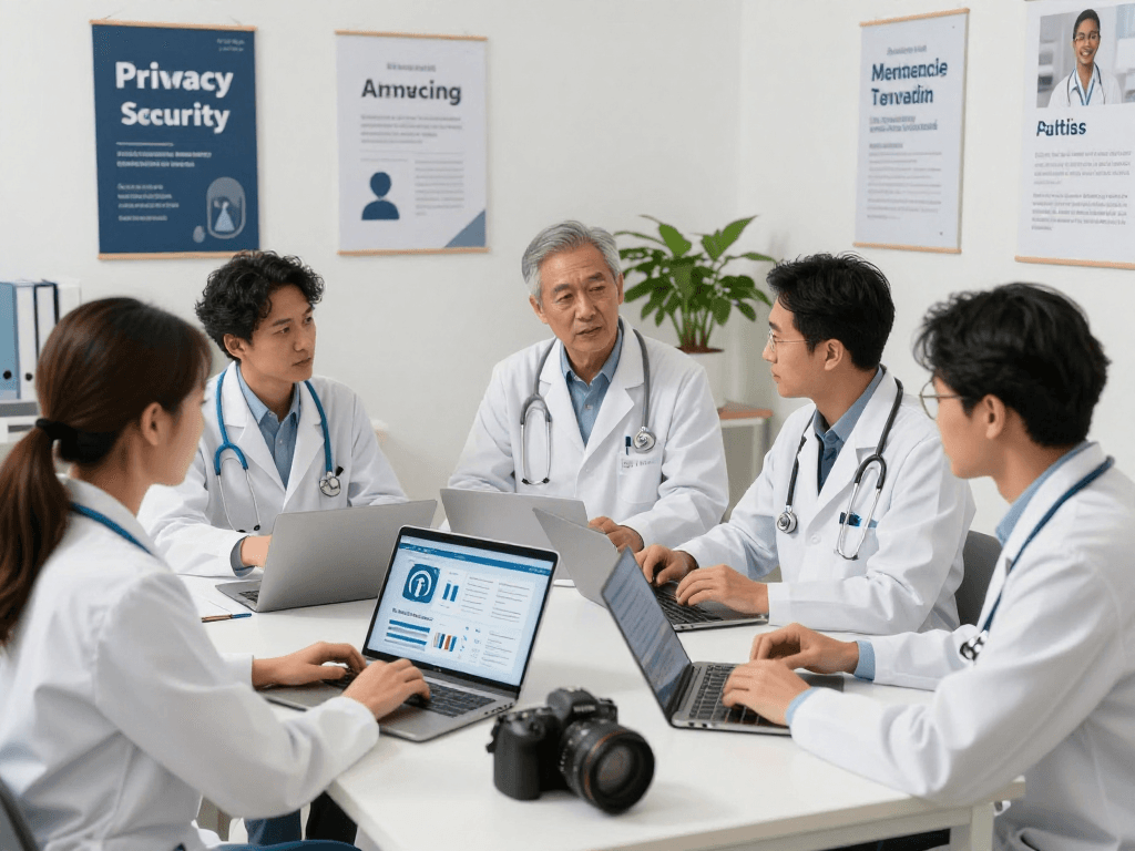 Health professionals discussing Gesundheitswesen Arzt data security strategies in a collaborative office environment.
