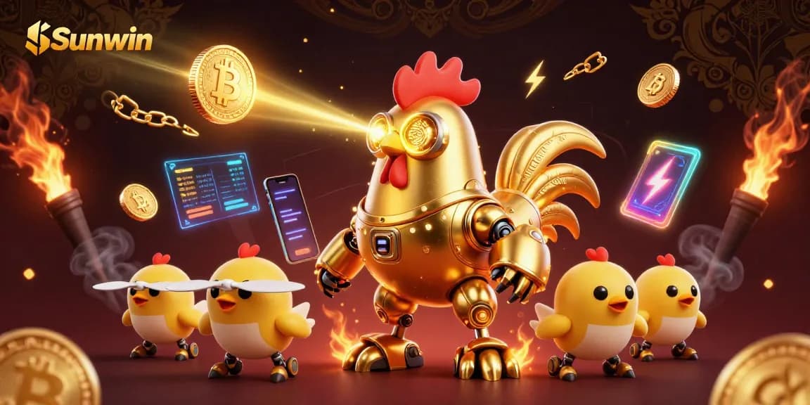 Sunwin offers exciting online casino experiences with the golden rooster robot and baby chicks ready to play.