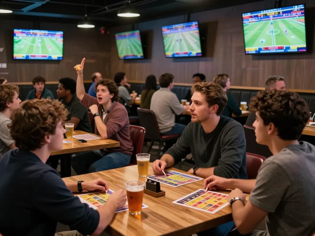 Engaged fans placing bets in fabet's lively sports betting lounge, with screens showcasing live games.