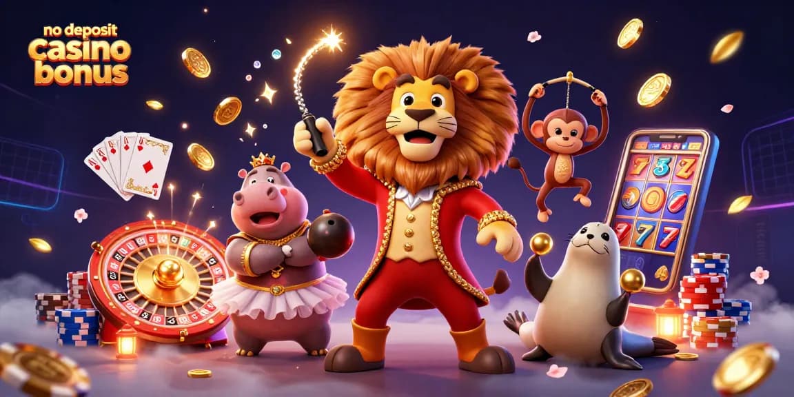 Experience excitement with the no deposit casino bonus surrounded by vibrant characters and dynamic casino elements.