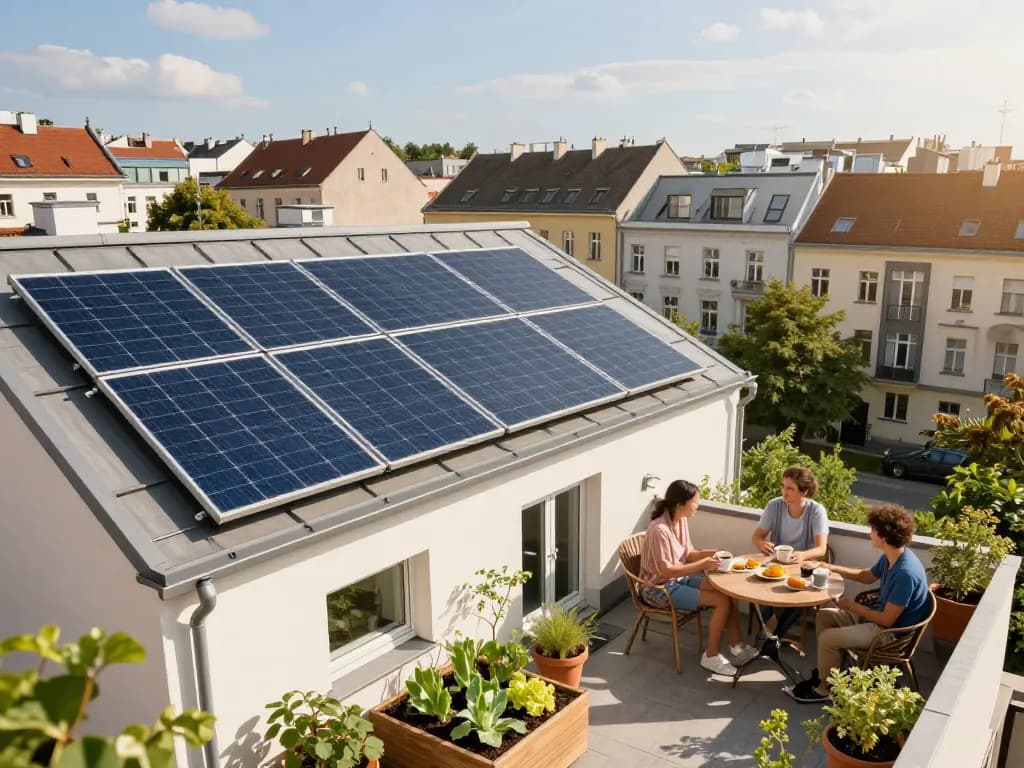Photovoltaik Wien mit modernen Solarpanels auf einem Wohnhausdach, Familie genießt einen nachhaltigen Lebensstil.