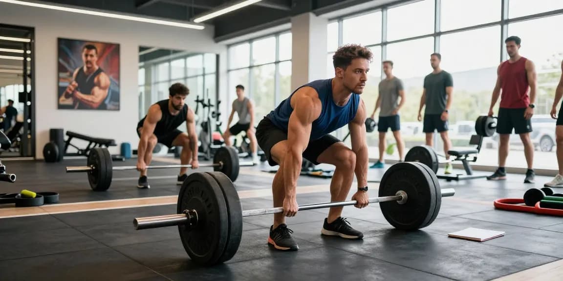 Kraftsportler hebt Gewichte im Trainingsbereich von Steroidshop und zeigt Hingabe und Stärke.