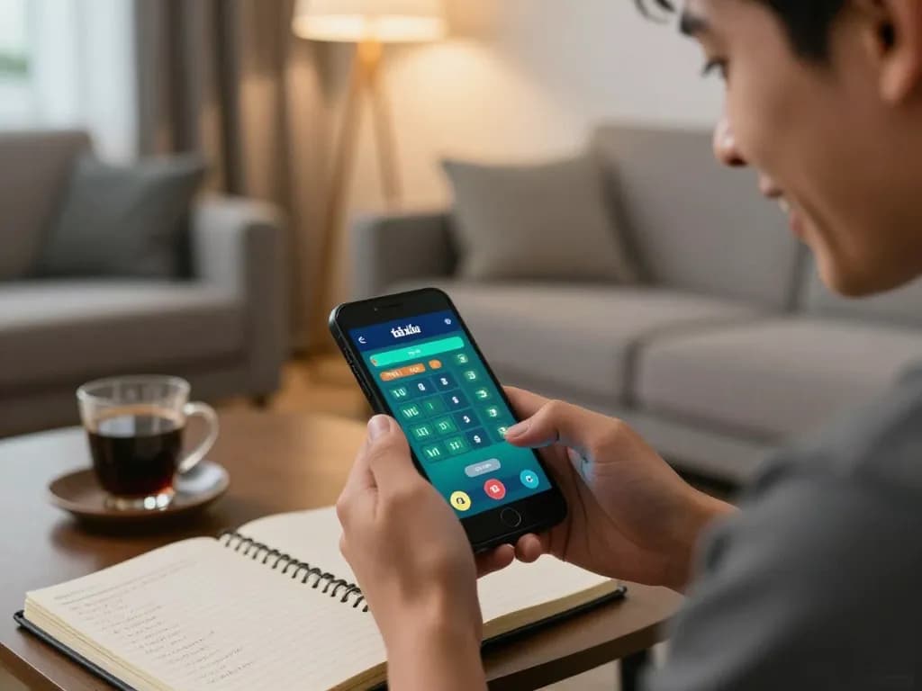 Engaging with app tài xỉu online uy tín on a smartphone, illuminating bets and strategies in a cozy living room.