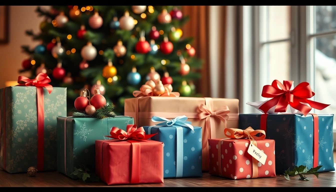 Kreative Geschenkideen schön verpackt auf einem Tisch, umgeben von festlicher Atmosphäre.