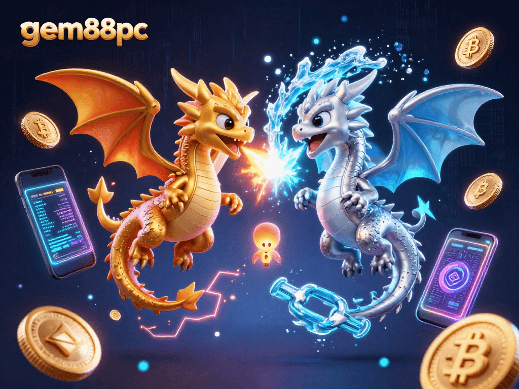 Experience the thrill of gem88pc with dragons breathing fire and ice in a vibrant casino scene.
