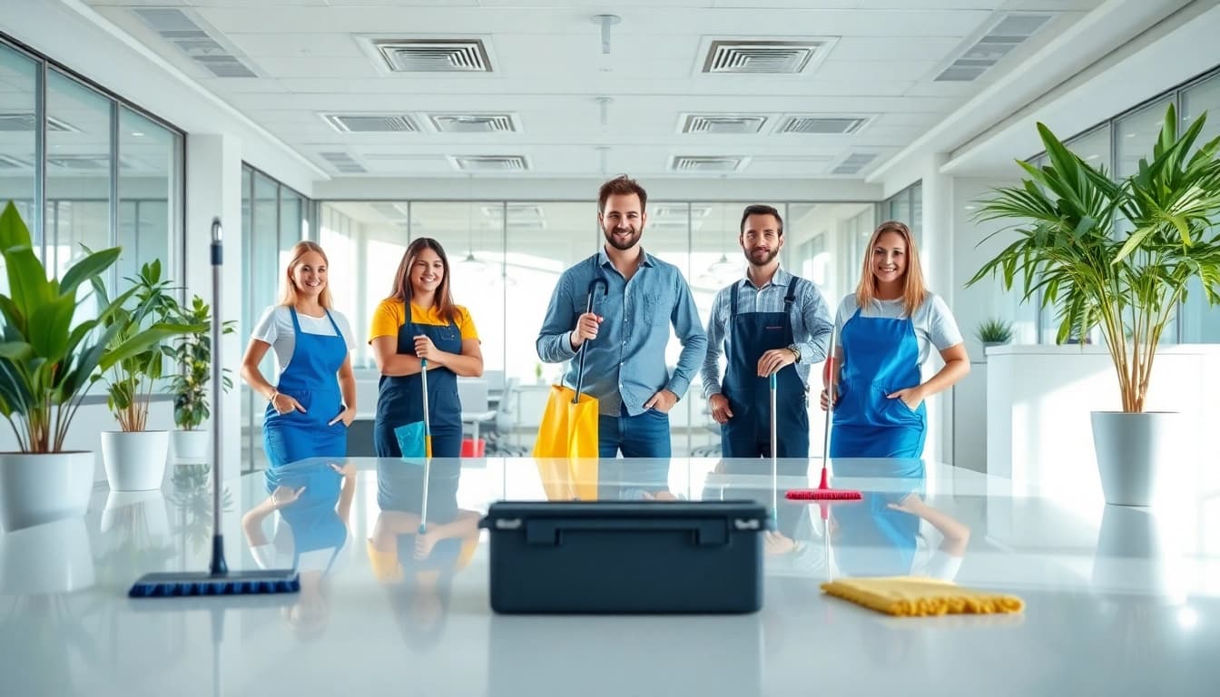Professionelle Gebäudereinigung Ulm mit einem Team in einem modernen Büro.