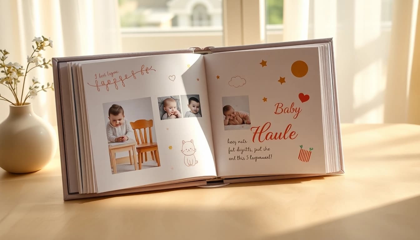 Gestalte ein einladendes Babyalbum mit bunten Bildern und handgeschriebenen Notizen für unvergessliche Erinnerungen.