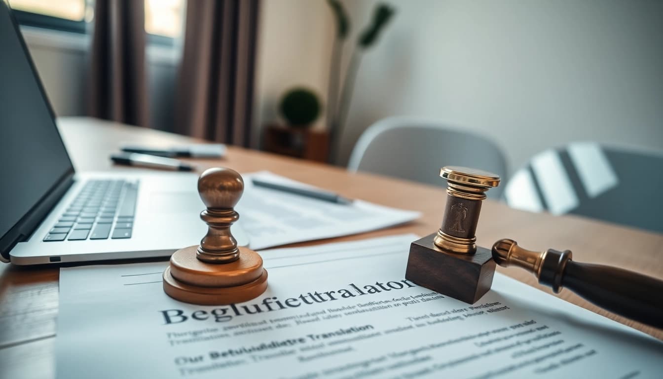 Zertifizierte Übersetzungsdokumente und -Tools, die den Prozess der Beglaubigten Übersetzung veranschaulichen.