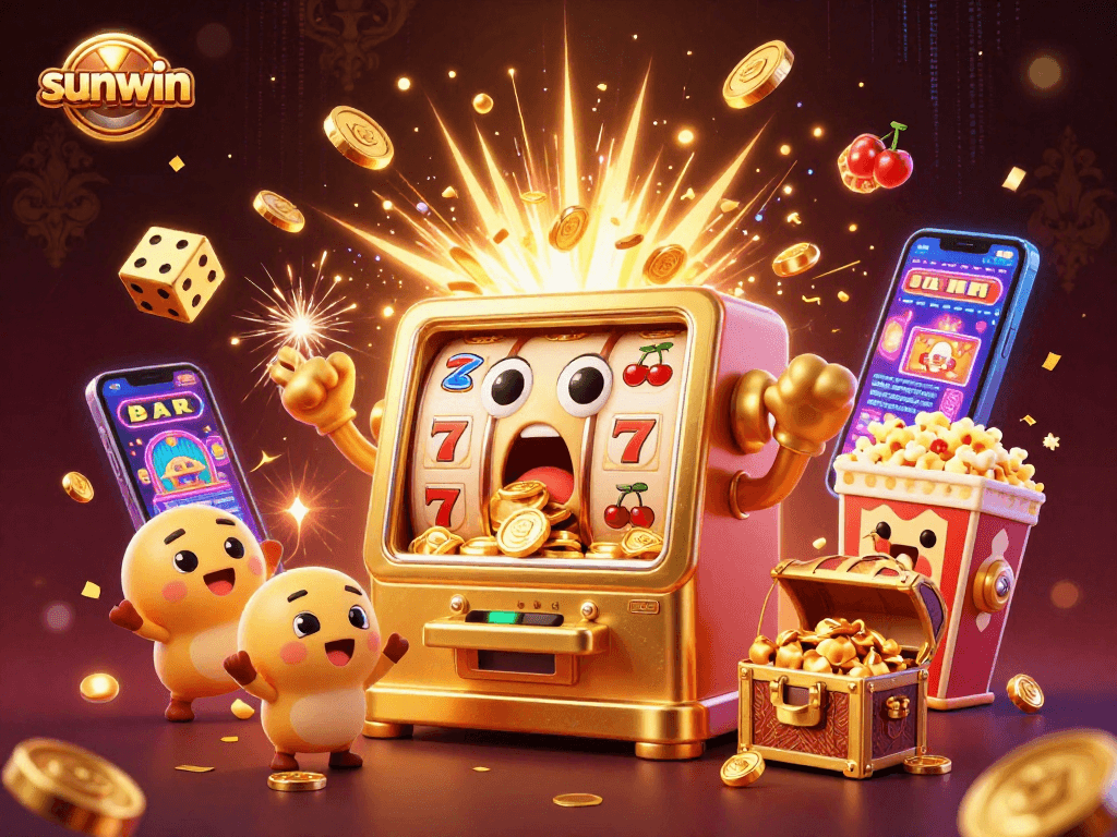 Sunwin brings excitement in a lively casino scene with a golden slot machine hitting the jackpot!