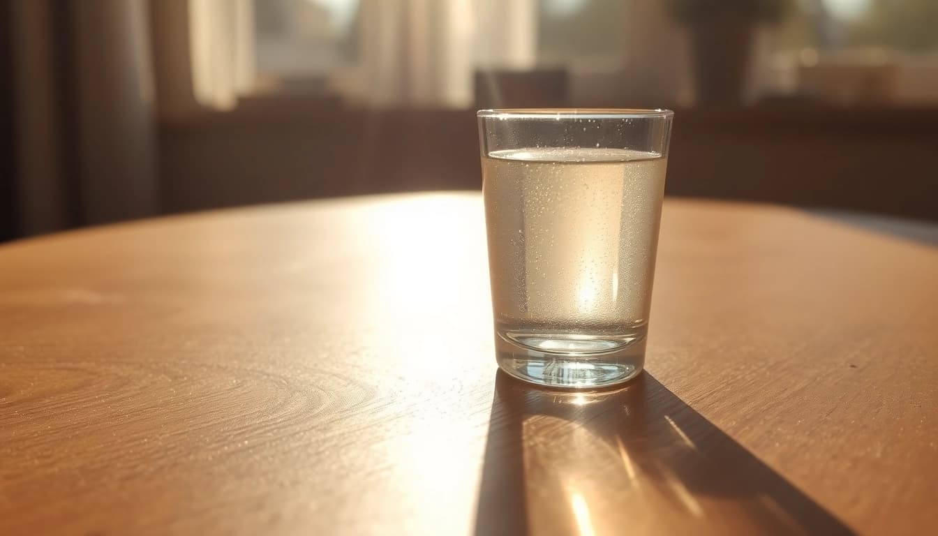 Kolloidales Silber in einem eleganten Glas, das das Sonnenlicht reflektiert, zur natürlichen Gesundheitsförderung.
