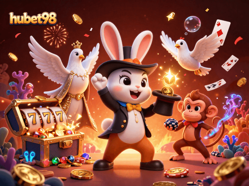 Experience the thrills of hubet98 with dynamic slots and magical elements in this vibrant illustration.