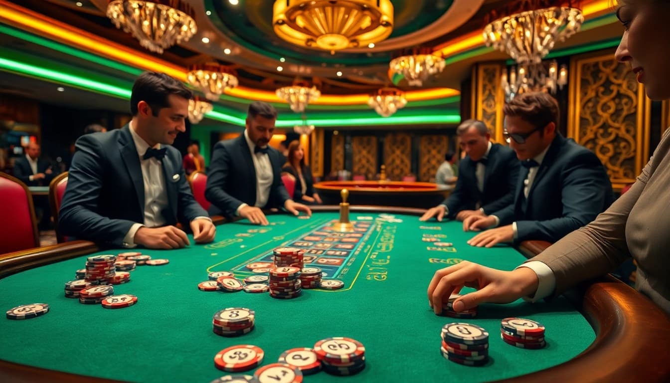 Players strategizing at the poker table with s8-themed chips in a vibrant casino setting.