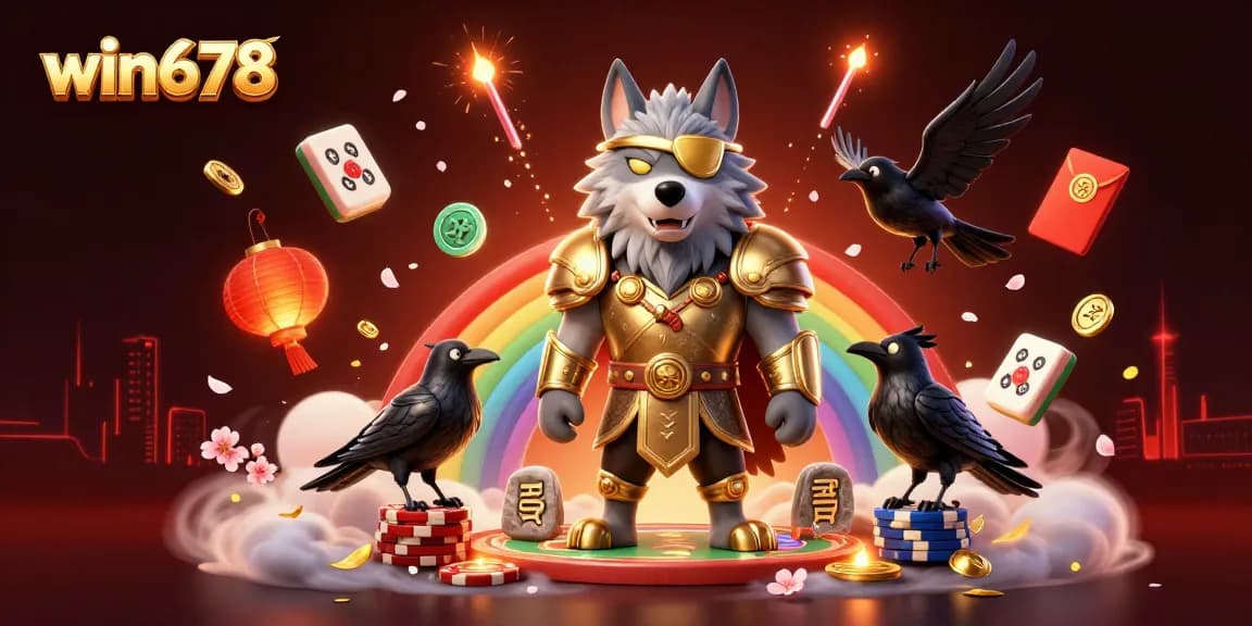 win678 features a mythical Odin wolf with ravens on a bridge of casino chips, symbolizing luck and fortune.
