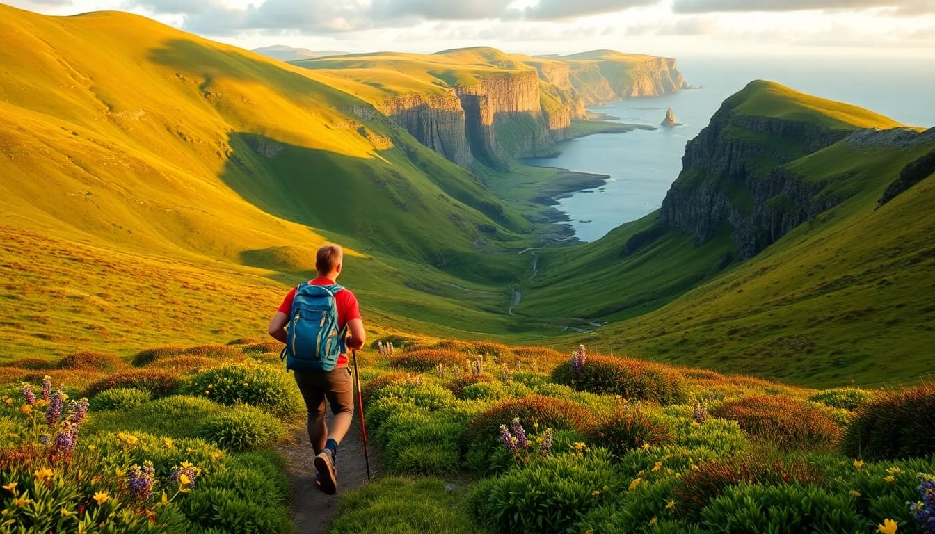 Ein Wanderer genießt seine Walking Holiday Ireland in der atemberaubenden irischen Landschaft.