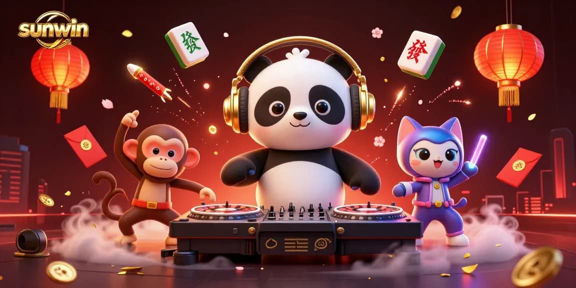 Join the excitement at sunwin with a lively scene of gaming characters celebrating wins!