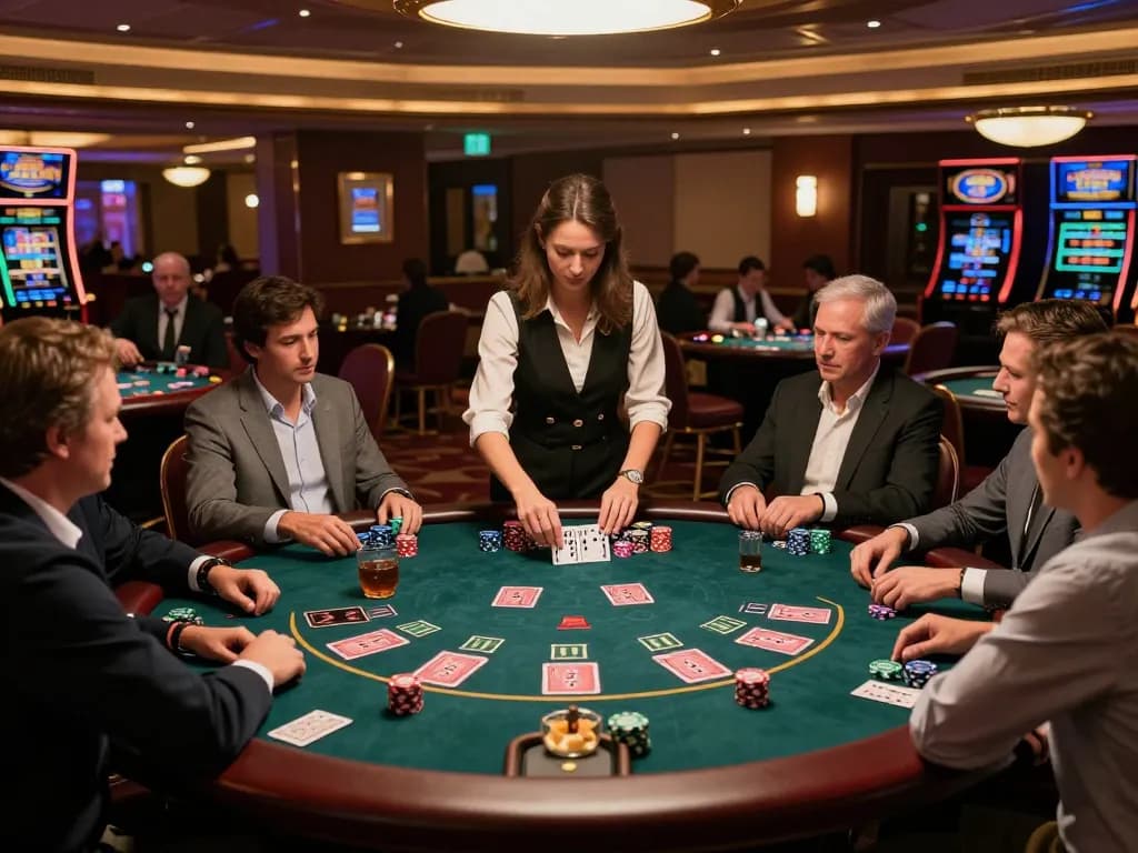 NoHu players engaging in an intense blackjack game at a premium casino table, showcasing vibrant atmosphere and action