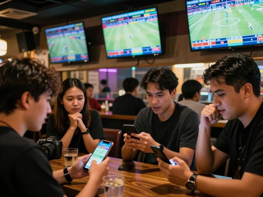 Kèo nhà cái displayed on smartphones at a packed sports bar, capturing the excitement of live sports betting.