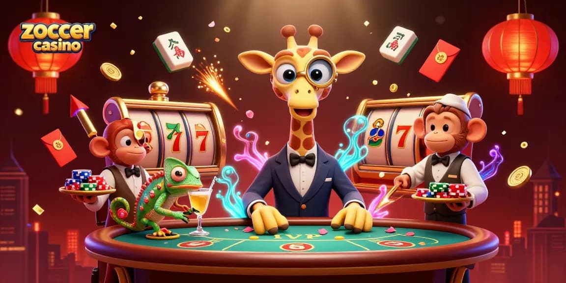 Experience the excitement of zoccer casino with vibrant characters and rich game elements in this thrilling illustration.