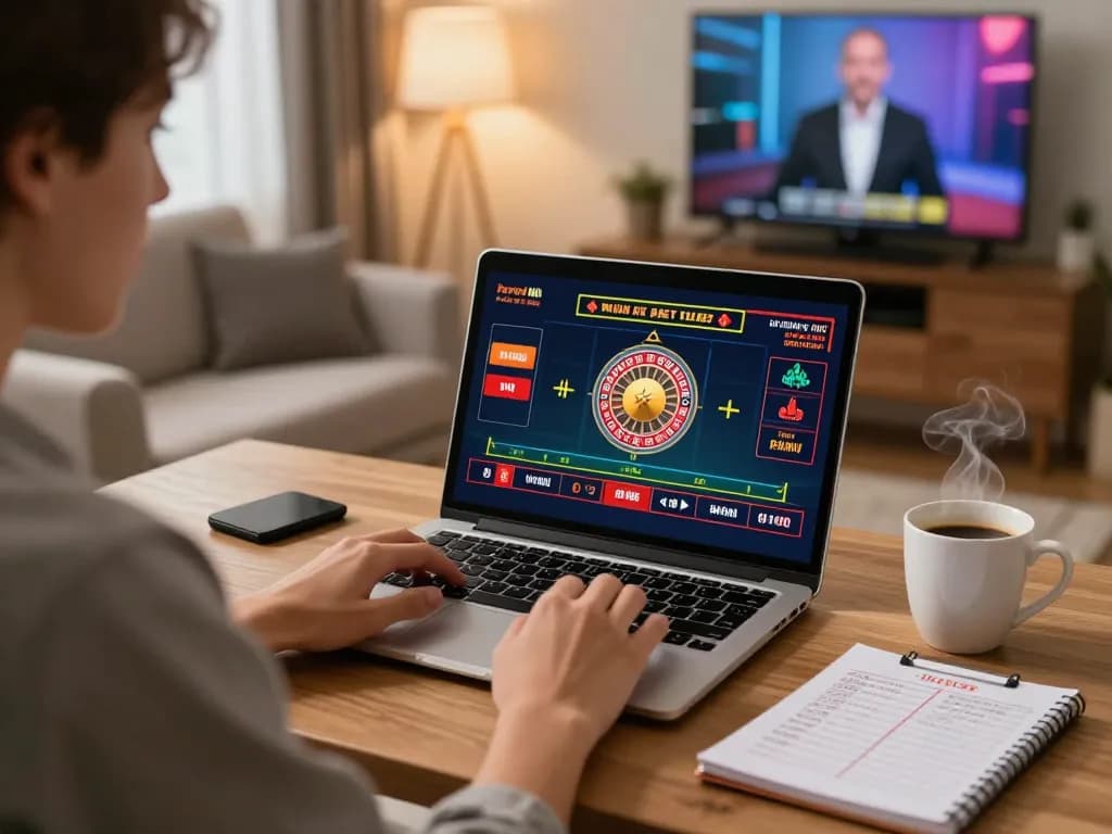 Engaging home online gaming scene displaying a laptop betting on a roulette game amidst a cozy environment with coffee and strategy notes.