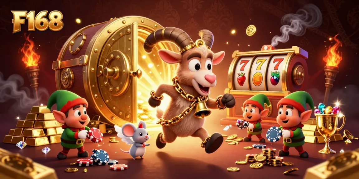 Experience the thrill of F168 in a vibrant casino scene with Krampus, angel mouse, and mischievous gremlins.