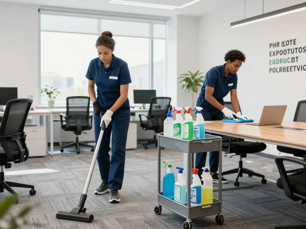 Zuverlässige Gebäudereinigung in Münster mit einem professionellen Team, das einen Büroraum reinigt.
