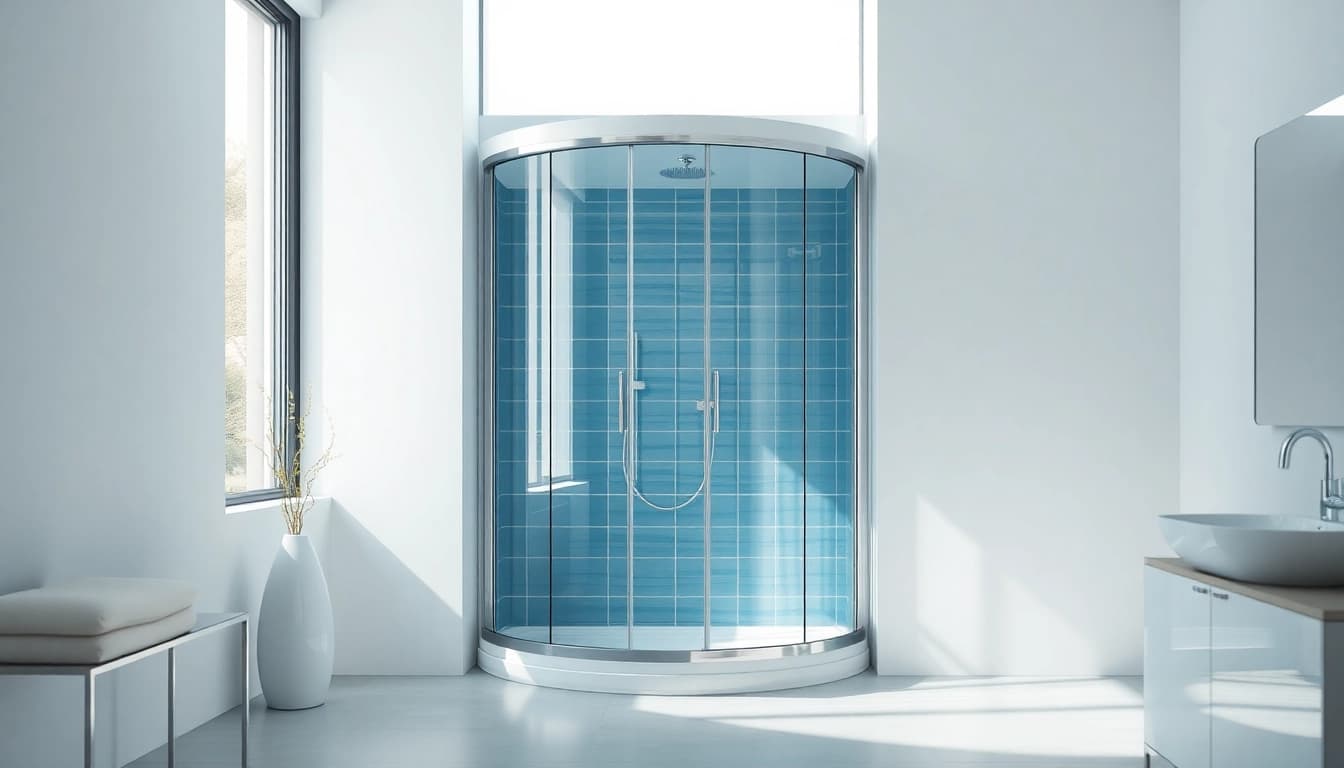 Duschkabine 80x80 in modernem Badezimmer mit eleganten Glasflächen und chromatischen Akzenten.