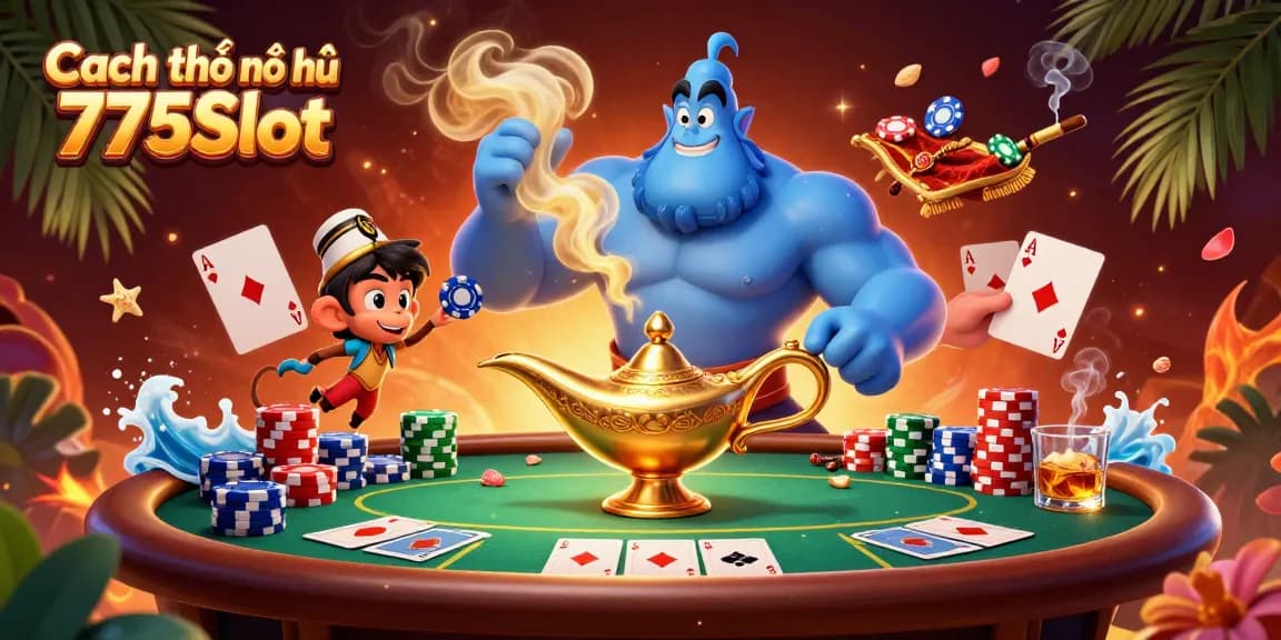Engage in Cách chơi nổ hũ 777Slot with a dynamic casino scene featuring a genie, poker chips, and vibrant elements.