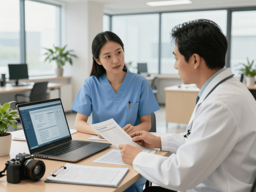 Datenschutz im Gesundheitswesen Arzt: Arzt und Pflegekraft besprechen Sicherheitsprotokolle in Praxis