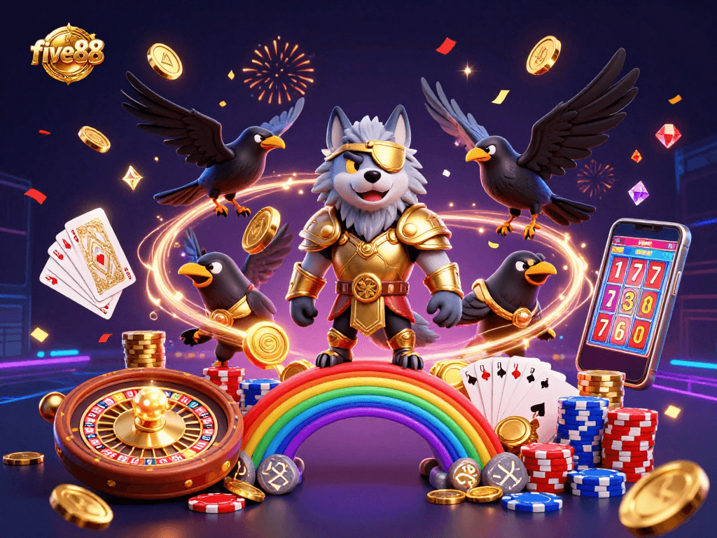 Engage in exciting gameplay at five88, featuring casino chips, spinning roulette, and dynamic energy.