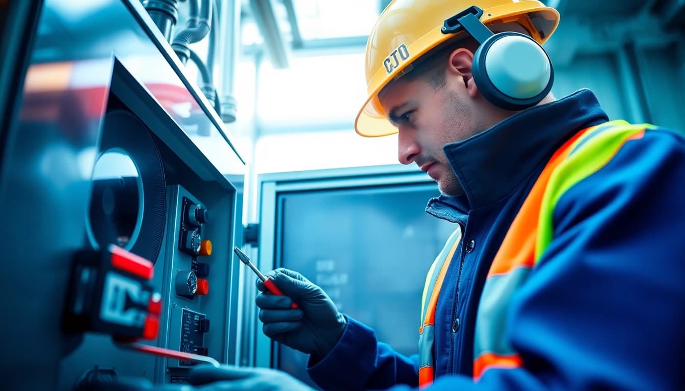 Technician performing DGUV V3 Prüfung on electrical equipment, ensuring safety compliance.