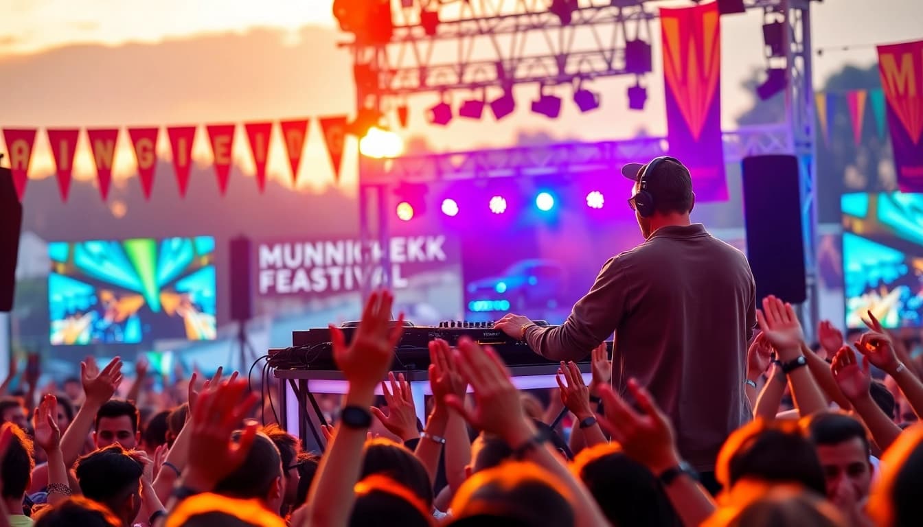 DJ in München begeistert tanzende Menschen auf einem lebhaften Festival im Freien.