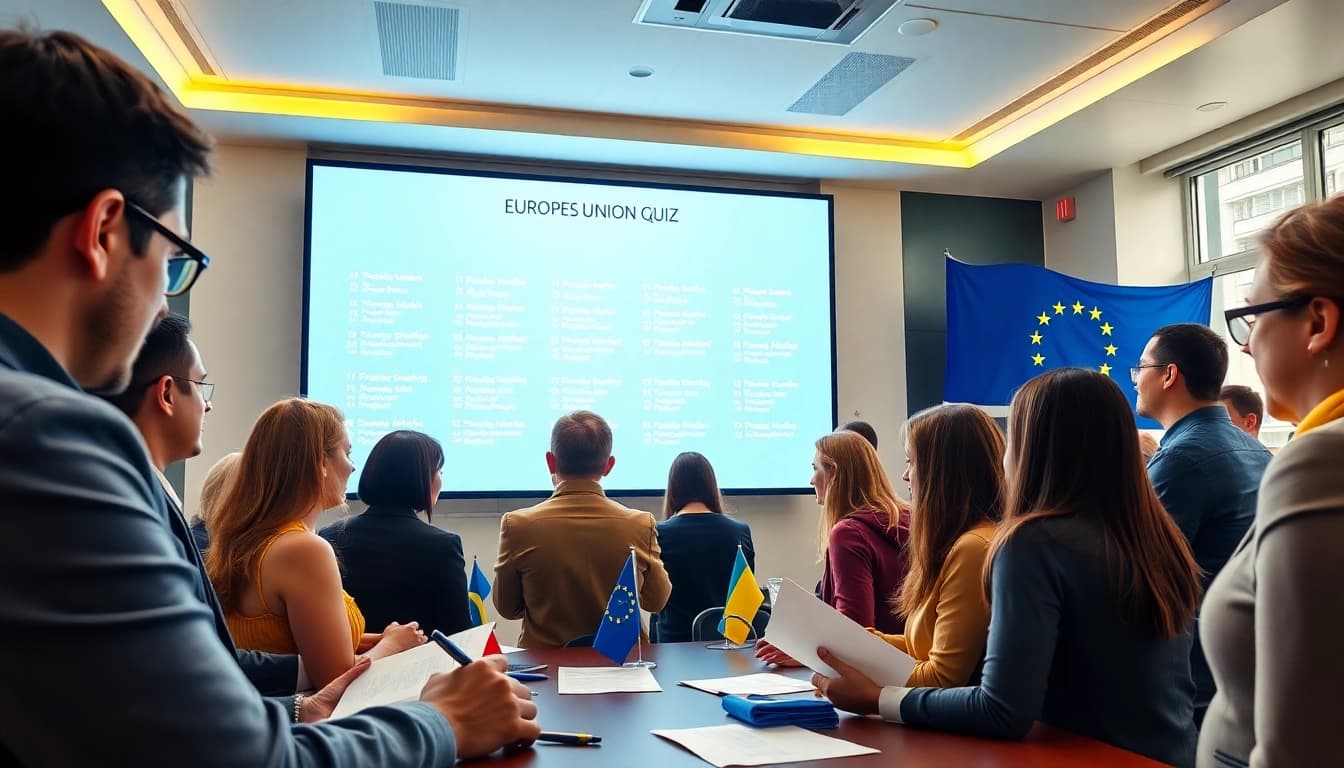 Wissen über die EU testen in einem spannenden Quiz-Setting mit Teilnehmern, die aktiv diskutieren.