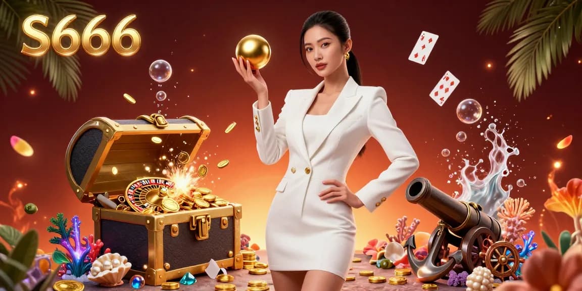S666 showcases a stunning digital casino illustration of an Asian woman with a roulette ball, surrounded by vibrant gaming elements and golden treasures.