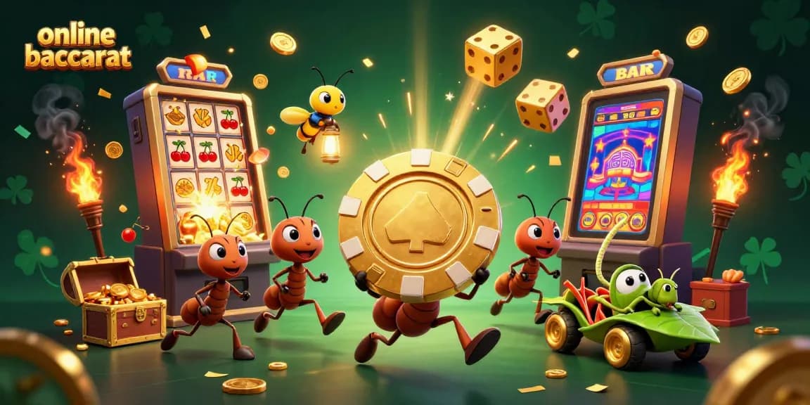 Experience online baccarat with this vibrant 3D scene featuring animated characters and casino elements.