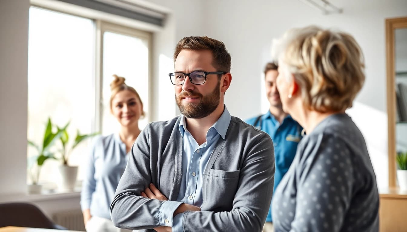 Unternehmensberatung Pflegedienst zeigt einen Berater im Gespräch mit Pflegekräften.