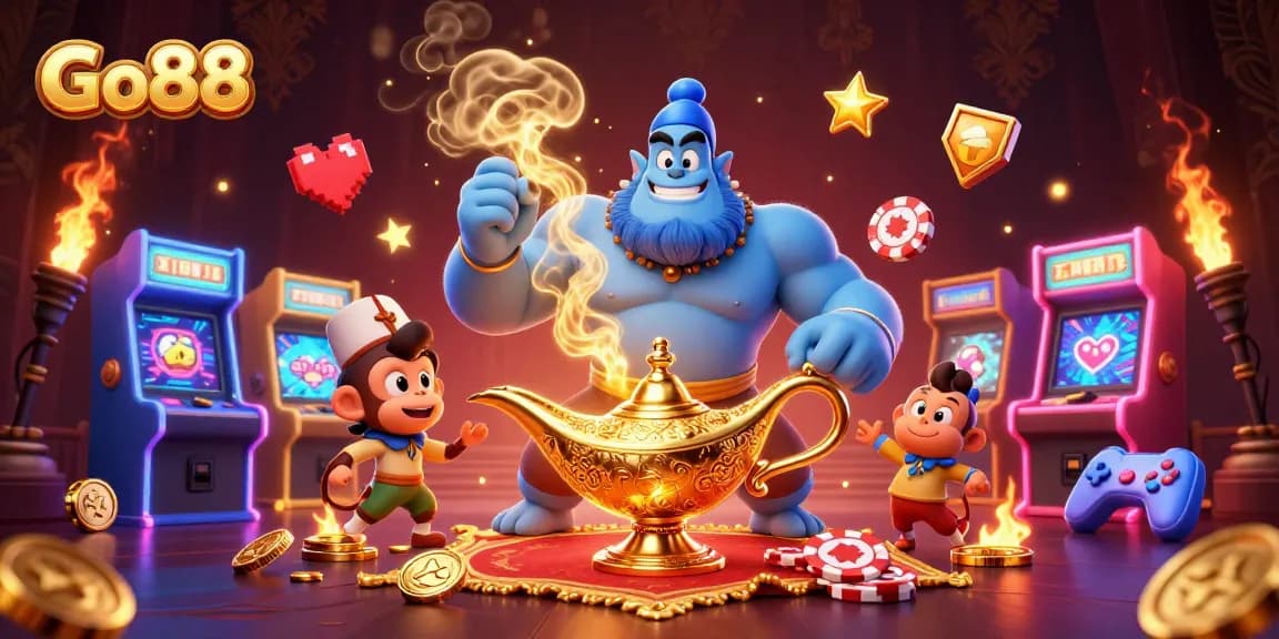 Experience thrilling gaming adventures at Go88 with vibrant 3D casino illustrations featuring magical characters.