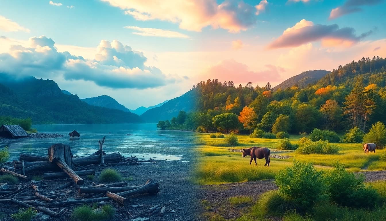 Visual representation of Klima impact, contrasting environmental degradation with thriving ecosystems.