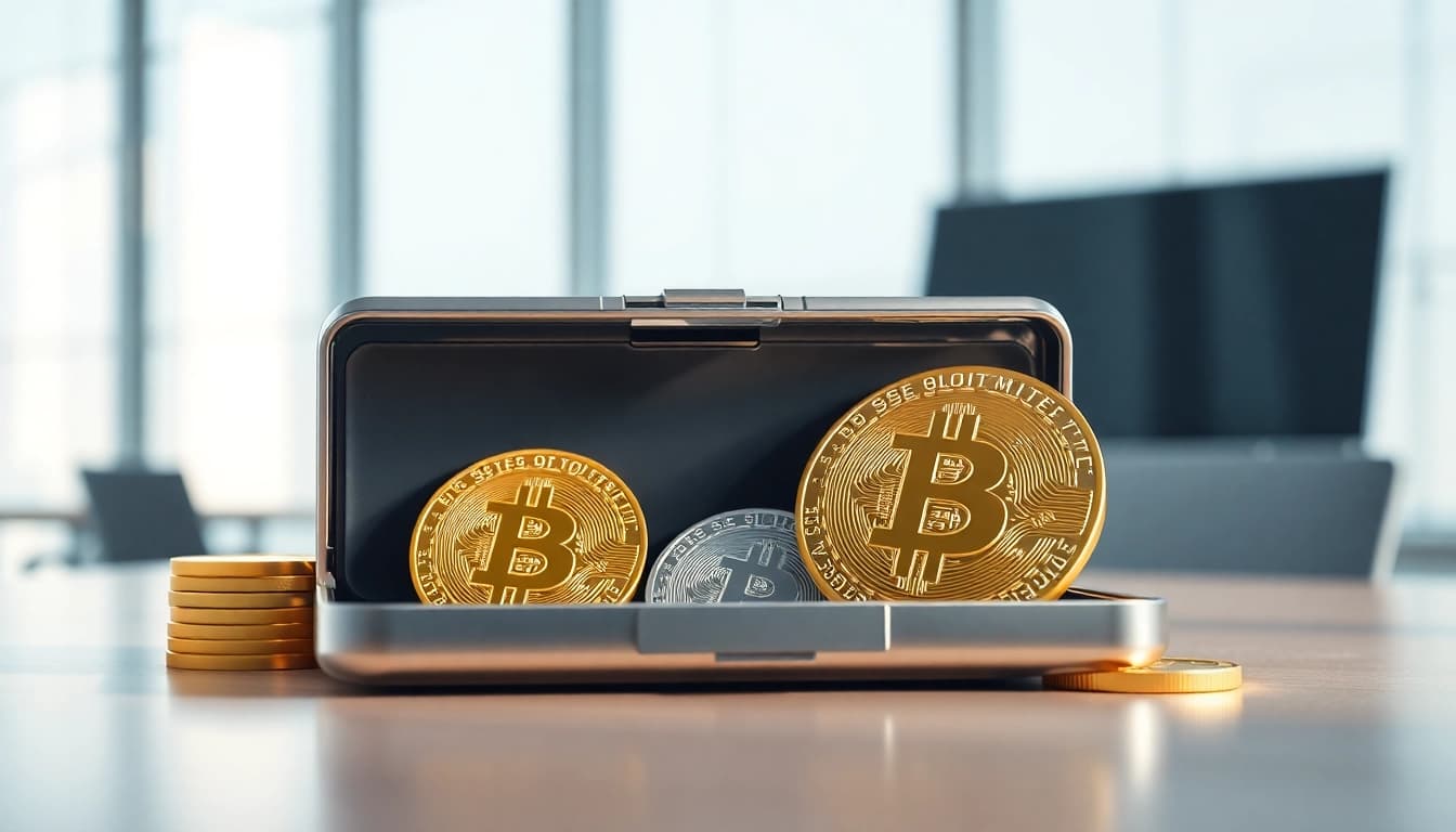 Bitcoin-Preis USD in einem modernen digitalen Wallet mit glänzenden Münzen.