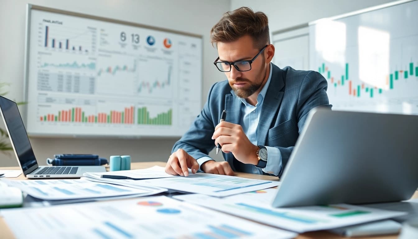 Detaillierte fundamentale Aktienanalyse mit Analyst am Schreibtisch