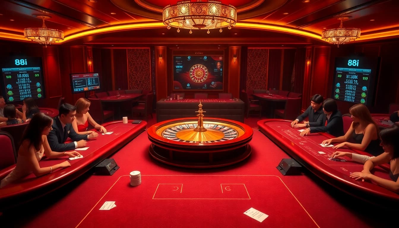 Gamblers enjoying a vibrant casino scene featuring 88i with poker tables and a roulette wheel.