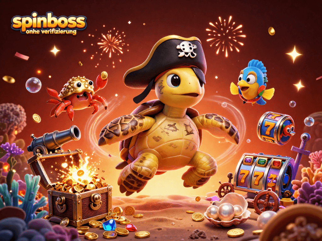 Eine spannende Szene mit spinboss ohne Verifizierung zeigt eine Piratenschildkröte und eine Krabbe, die über einen Schatz schwimmen.