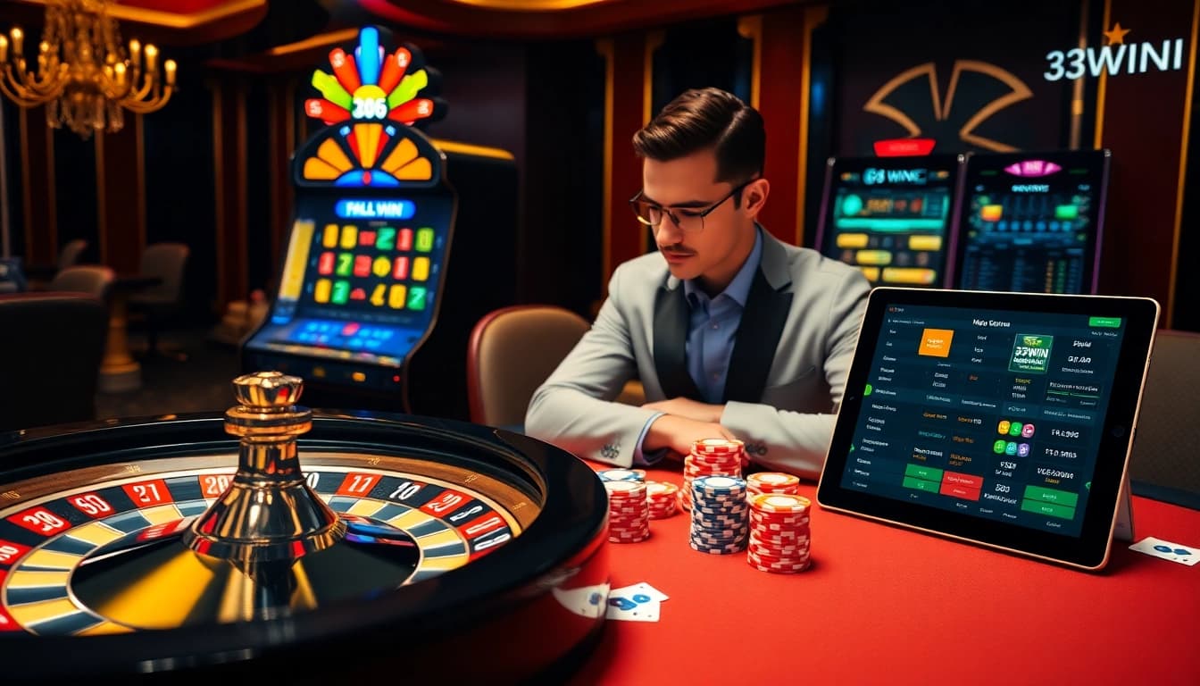 Engaged player at 33WIN casino table with poker chips and cards in a luxurious setting.