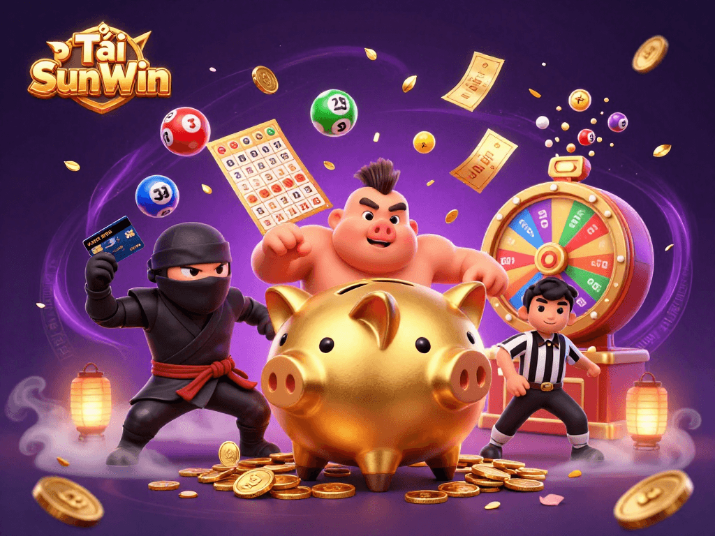 Tải SunWin showcases a vibrant 3D scene with a golden piggy bank sumo wrestler amidst a money rain effect and colorful lottery elements.