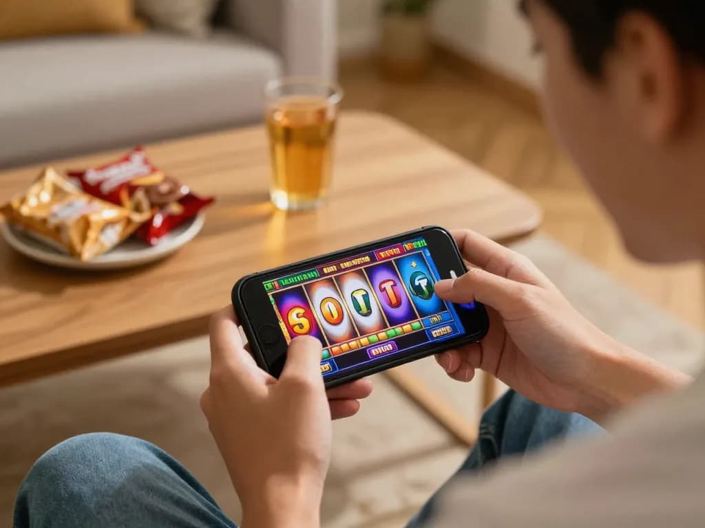 56WIN player enjoying mobile slots, demonstrating excitement in a cozy home setting.