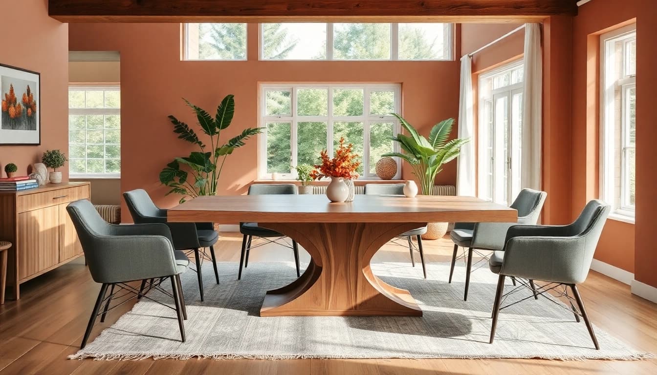Hochwertiger Esstisch Eiche mit markanter Baumkante in einem stilvollen Wohnzimmer-Setting.